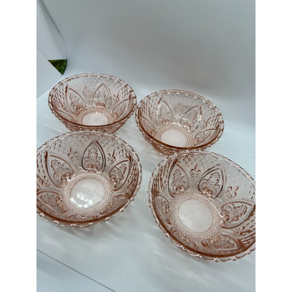 4 Vintage KIG Malaysia Pink Glass small glass Bowl Rose Fleur De Lis Pattern